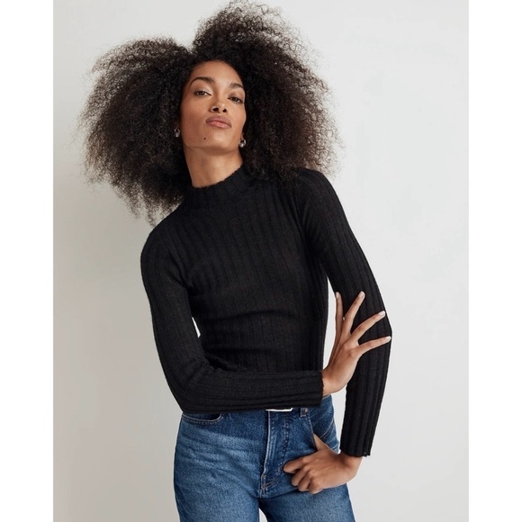 Madewell Sweater Alpaca-Blend Mockneck Sheer Ribbed Long Sleeve Black S NWT New - Picture 2 of 14